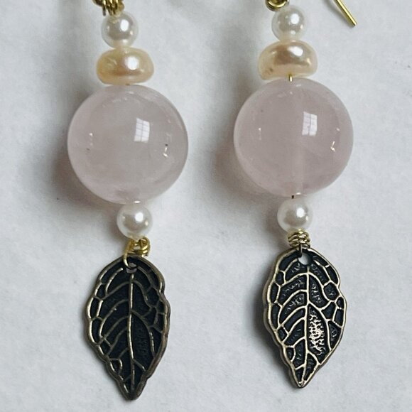 Pearl Rose Quartz Skeleton Leaf Pierced Earrings Dangle Handmade Feminine - Picture 2 of 3